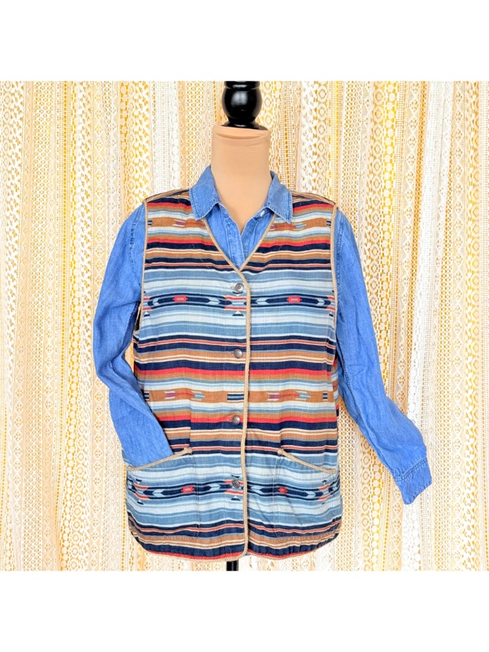 Vtg 80s Southwest 100% Linen Vest | Western Cowboy Aztec Festival Boho Sz L